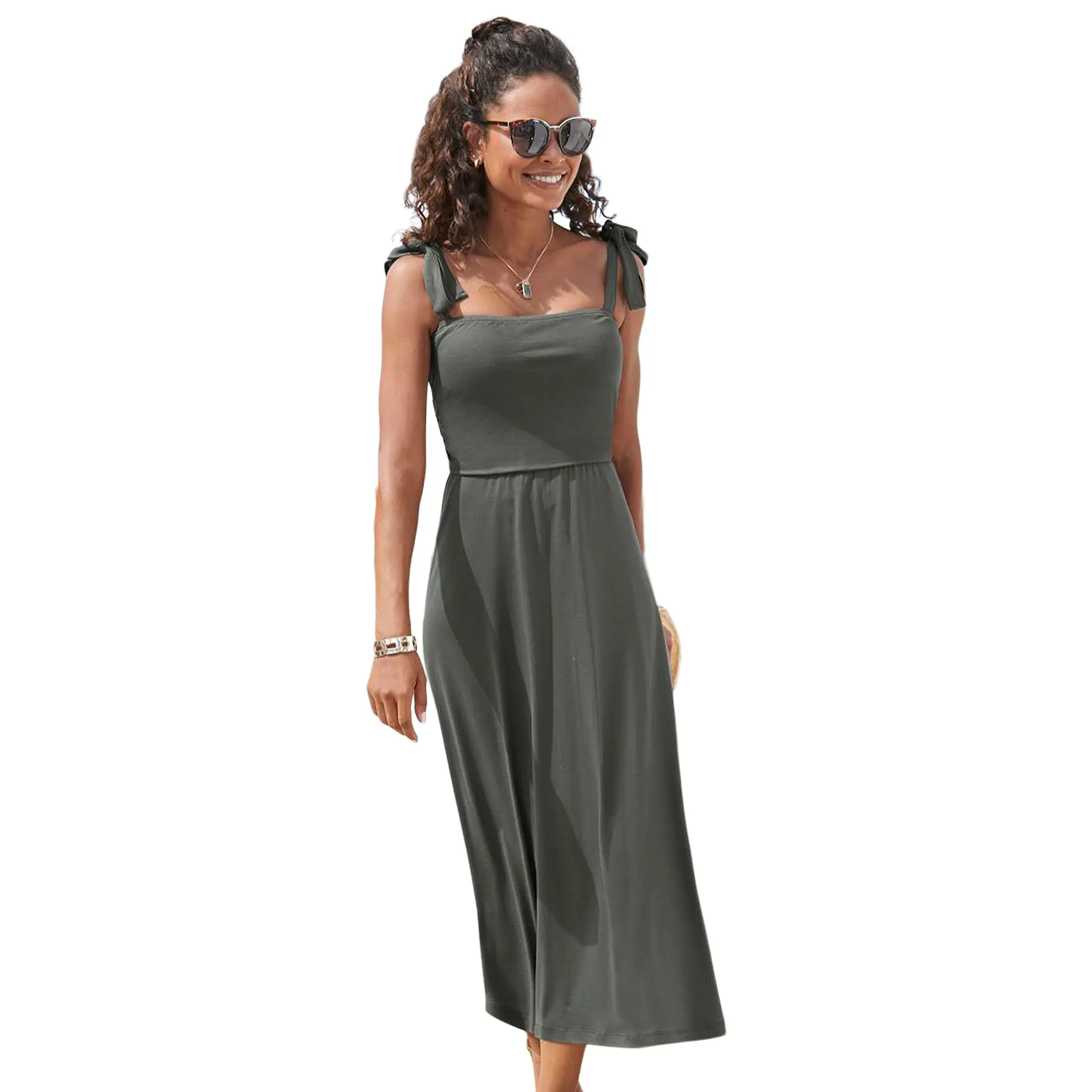 LASCANA Women's Basic Jersey Knit Casual Dress with Shoulder Ties, Flattering Fit