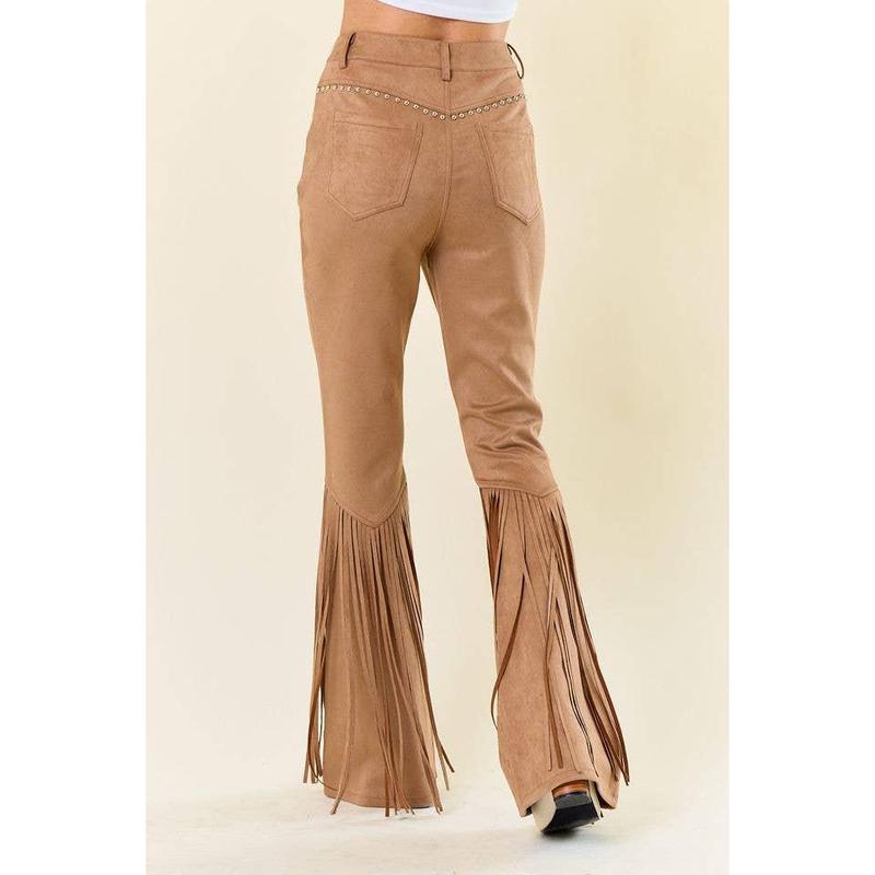 TAN STUDDED FRINGED FAUX SUEDE PANTS - $66.00