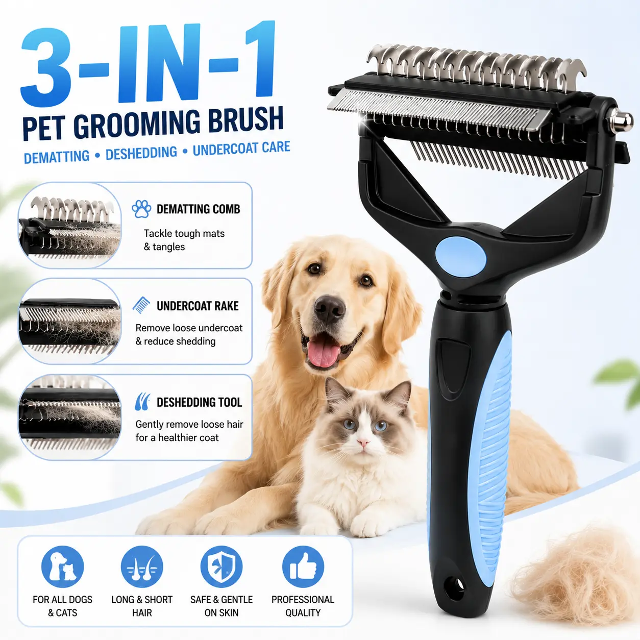 Pet Grooming Brush for Dogs & Cats - 3-in-1 Deshedding Tool with Undercoat Rake, Dematting Comb & Shedding Brush, Stainless Steel Rounded Teeth for Long or Short Hair Coats