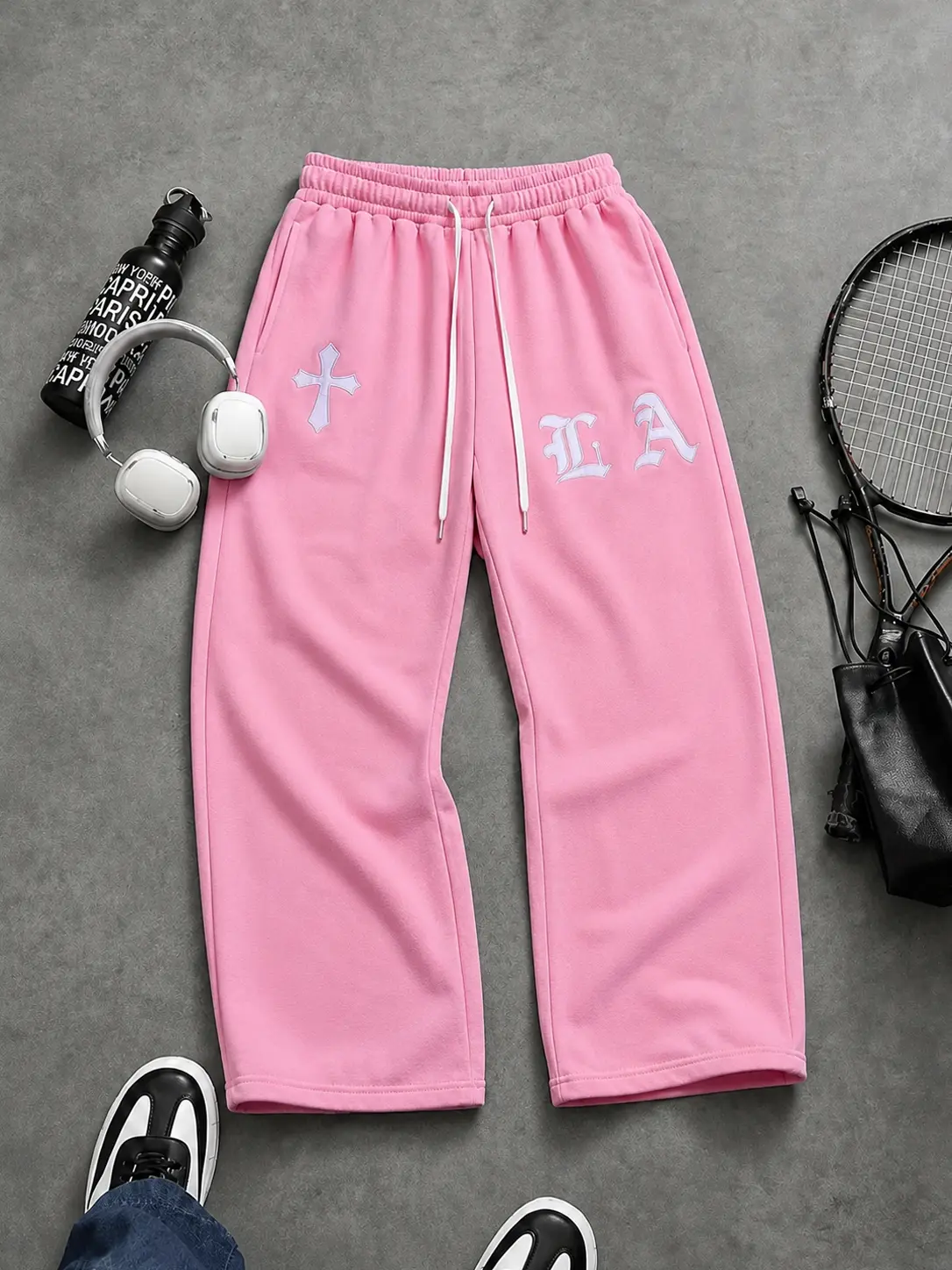 Men’s Fashion Gothic Embroidered Pink Loose Track Pants - Streetwear Clothing, Drawstring Waist, Relaxed Fit Lounge Sweatpants