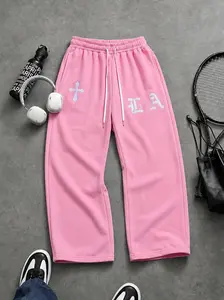 Men’s Fashion Loose Pink Track Pants, Gothic Embroidered Graphics, Sweatpants, Relaxed Fit, Drawstring Waist, Streetwear Lounge Bottoms
