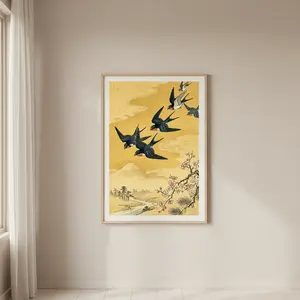Japanese Swallow Birds Wall Art Print - Minimalist Japandi Home Decor Poster