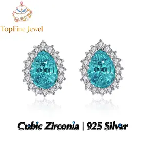 S925 Sterling Silver Teardrop-Shaped Green Paraiba Gemstone Stud Earrings, Fully Paved with Zirconia Stones, Luxury High-End Earrings, Perfect for Weddings, Parties, Dates, or Formal Events, Ideal Gift, Comes in Beautiful Packaging