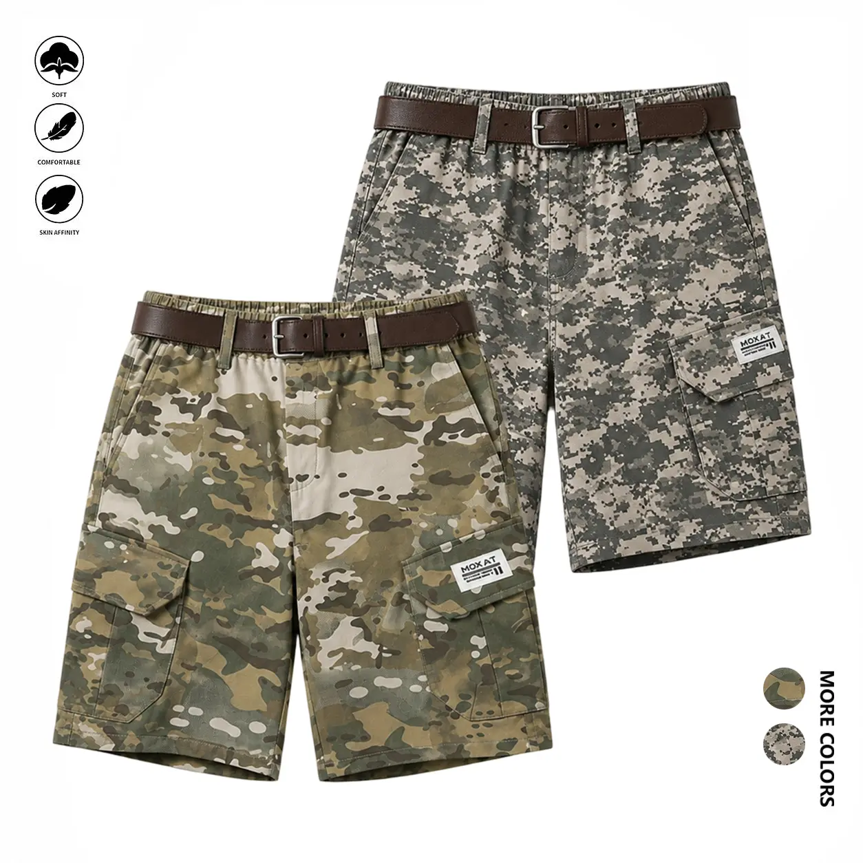 Men’s camouflage cargo shorts, knee-length shorts with multiple pockets and digital camouflage pattern, casual outdoor street style, loose fit, summer work shorts