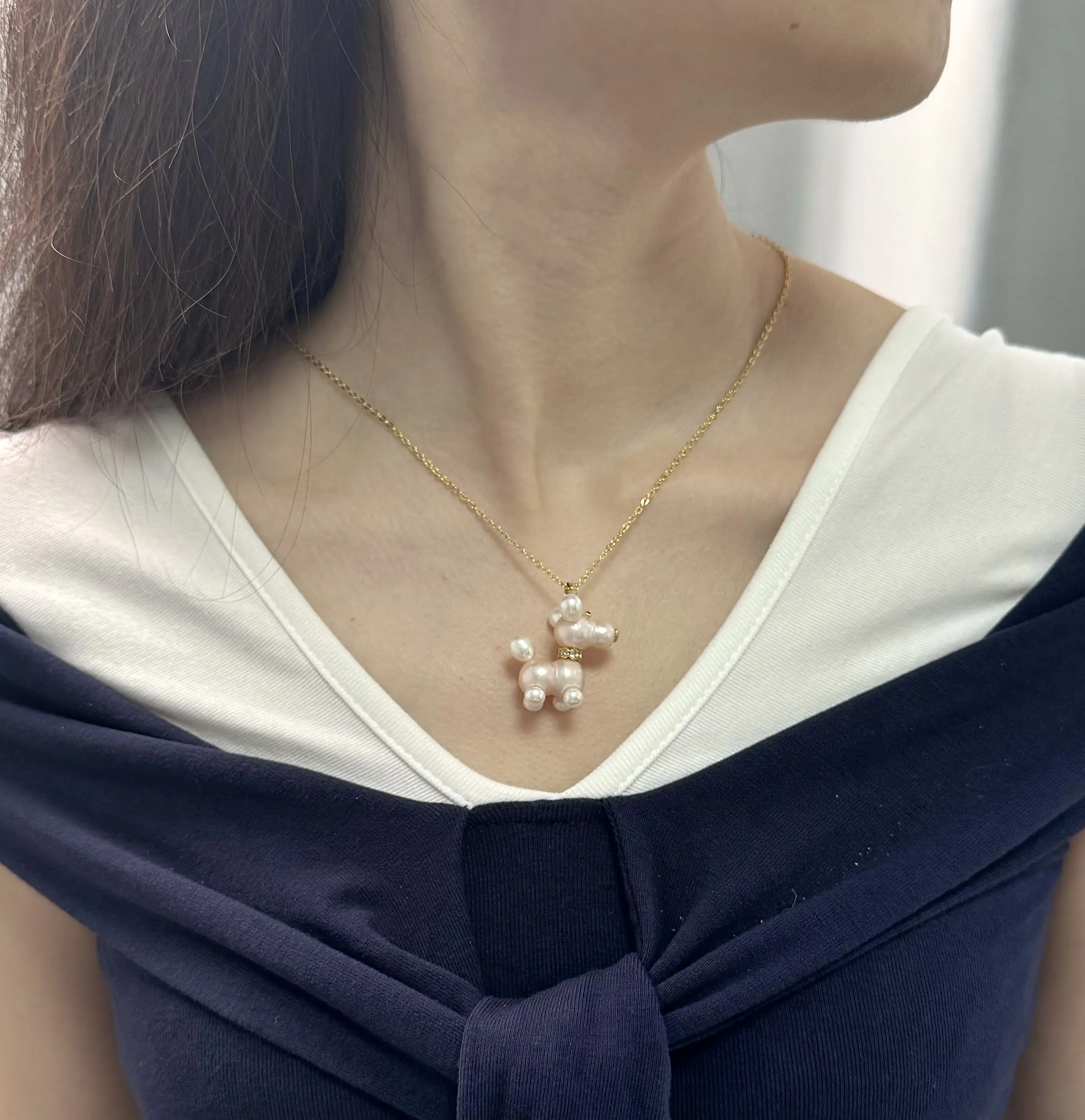 NC83-The ‘Le Chien Perlé’ Pendant — A Whimsical Freshwater Pearl Puppy Necklace. pearl dog necklace, dog pendant, puppy necklace, animal jewelry, freshwater pearls, baroque pearl jewelry, whimsical jewelry, coquette aesthetic, balletcore