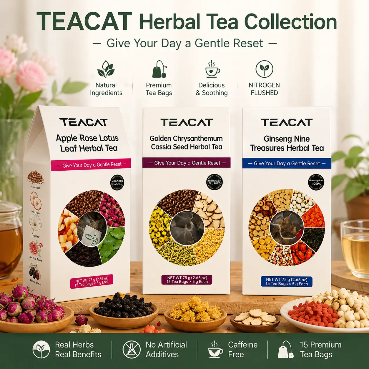 TEACAT Herbal Tea Bags Collection | Traditional Botanical Tea Blends with Chrysanthemum Cassia Seed Tea, Apple Rose Lotus Leaf Tea & Ginseng Nine Treasures Tea | Natural Floral Fruit Herbal Tea