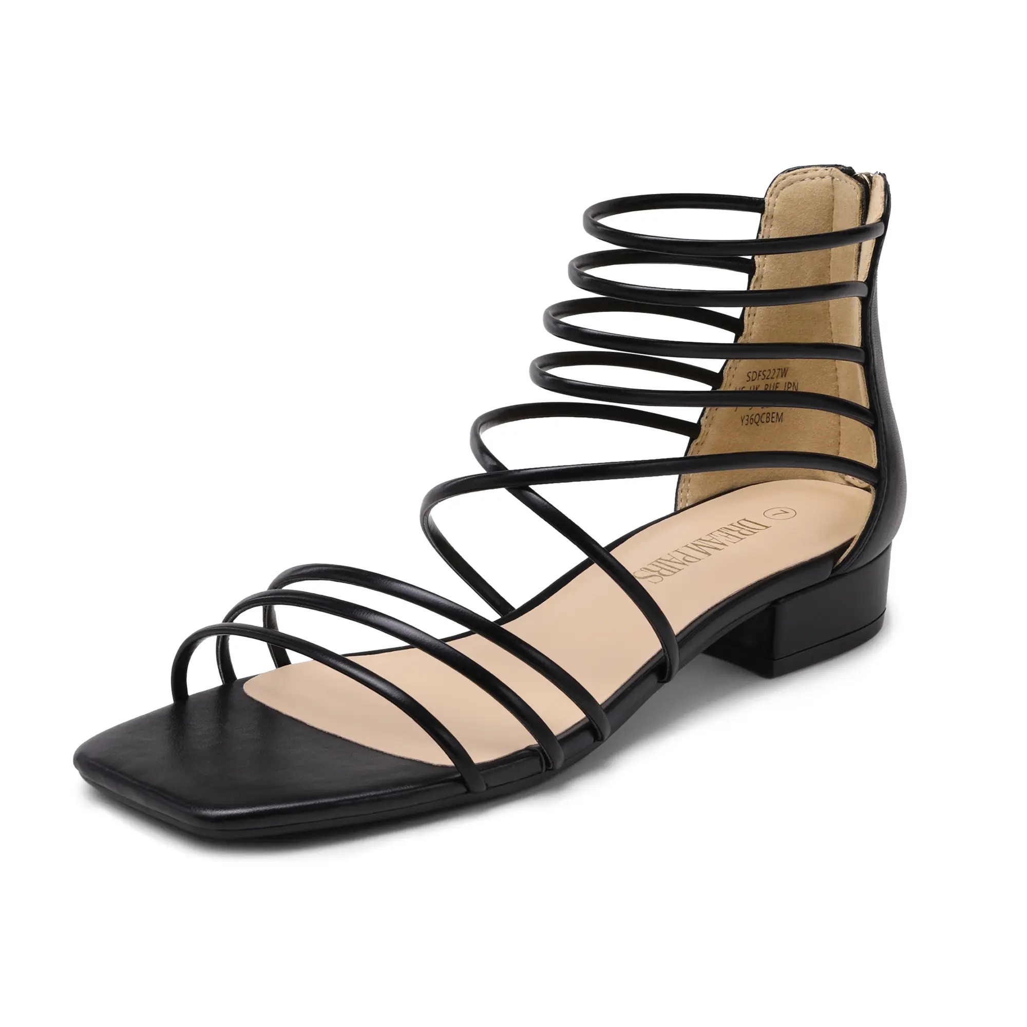 Dream Pairs Women's Classic Strappy Flat Sandals - Elegant Square Toe, Ankle Strap, Rear Zipper, Cushion and Support Casual Summer Footwear, Shoe, Casual Wear, Strappy Look, Tpr Sole, Thin Straps, Daily Work, Dating