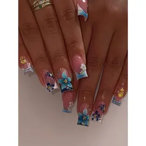 24pcs/Set Y2K Chic Style Sweet Blue Flower French Gradient Ripple 3D White Flower Delicate Gold Starfish Shell Decor Medium Length Press-On Nails, Suitable For Girls/Women For Daily Wear, Summer Beach, Autumn/Winter