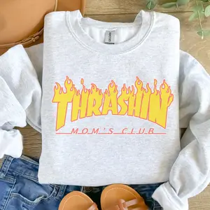 Mama - Thrashin' Mom's Club Sweatshirt - Ash Grey - Valentines Day Sweatshirt Pullover Soft Unisex Womenswear Hoodie Comfy Aesthetic