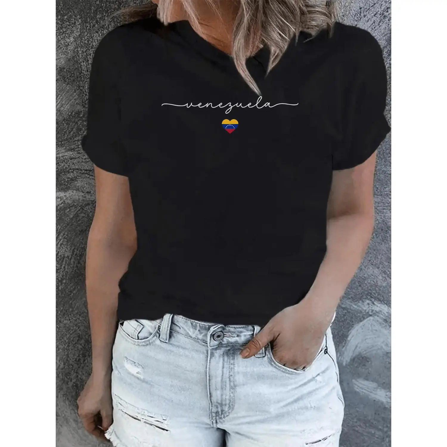 Women's Short Sleeve Crew Neck Cotton Tops - Fitted, Lightweight, Machine Washable, Trendy Minimalist Venezuela Graphic Print - For Casual, Work Wear