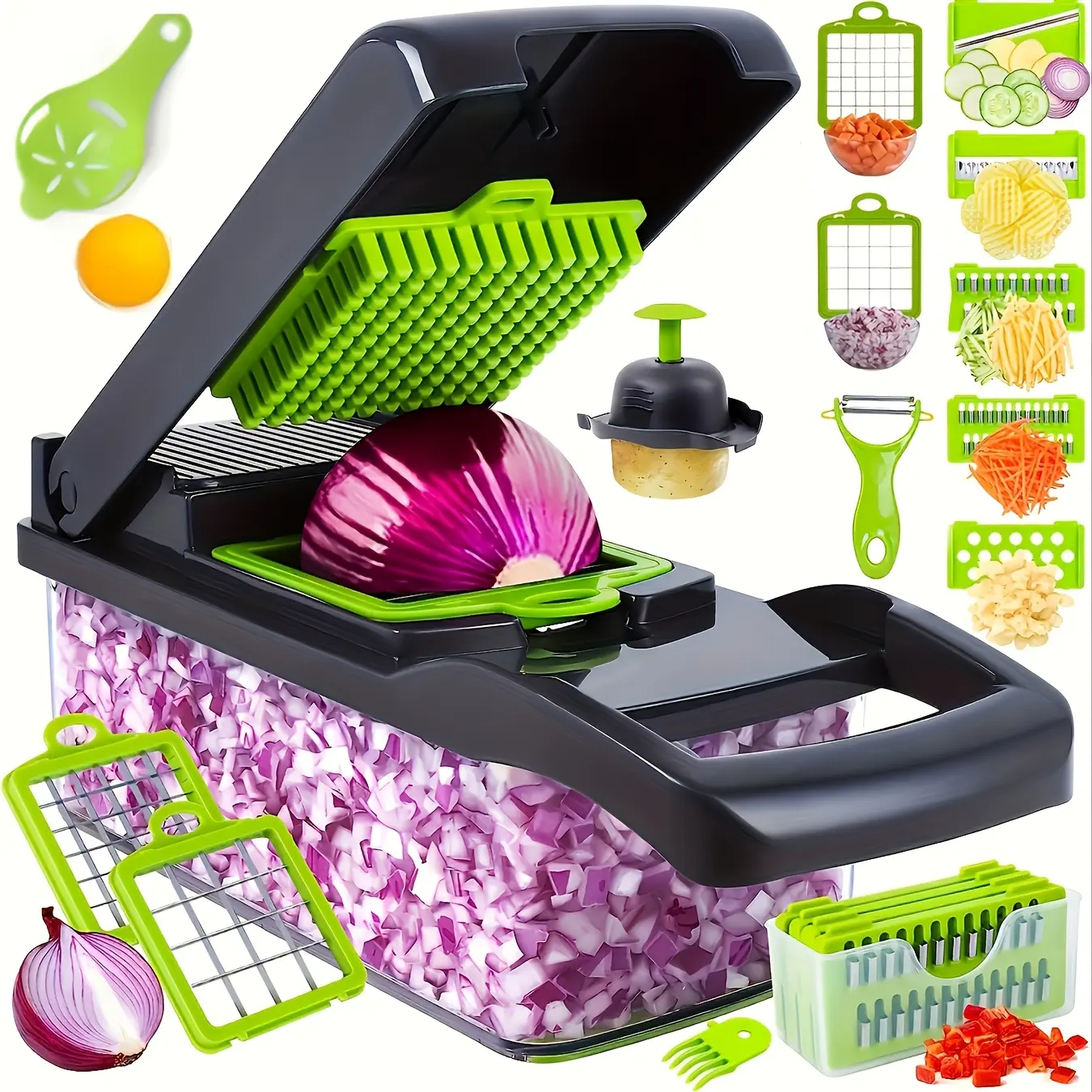 16-In-1 Multifunctional Vegetable Chopper with Container, Manual Food Slicer Dicer Cutter for Onion Carrot Garlic, Kitchen Gadget Set with Strainer Hand Guard, Multifunctional Cabbage Grater, Veggie Chopper