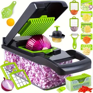 16-In-1 Multifunctional Vegetable Chopper with Container, Manual Food Slicer Dicer Cutter for Onion Carrot Garlic, Kitchen Gadget Set with Strainer Hand Guard