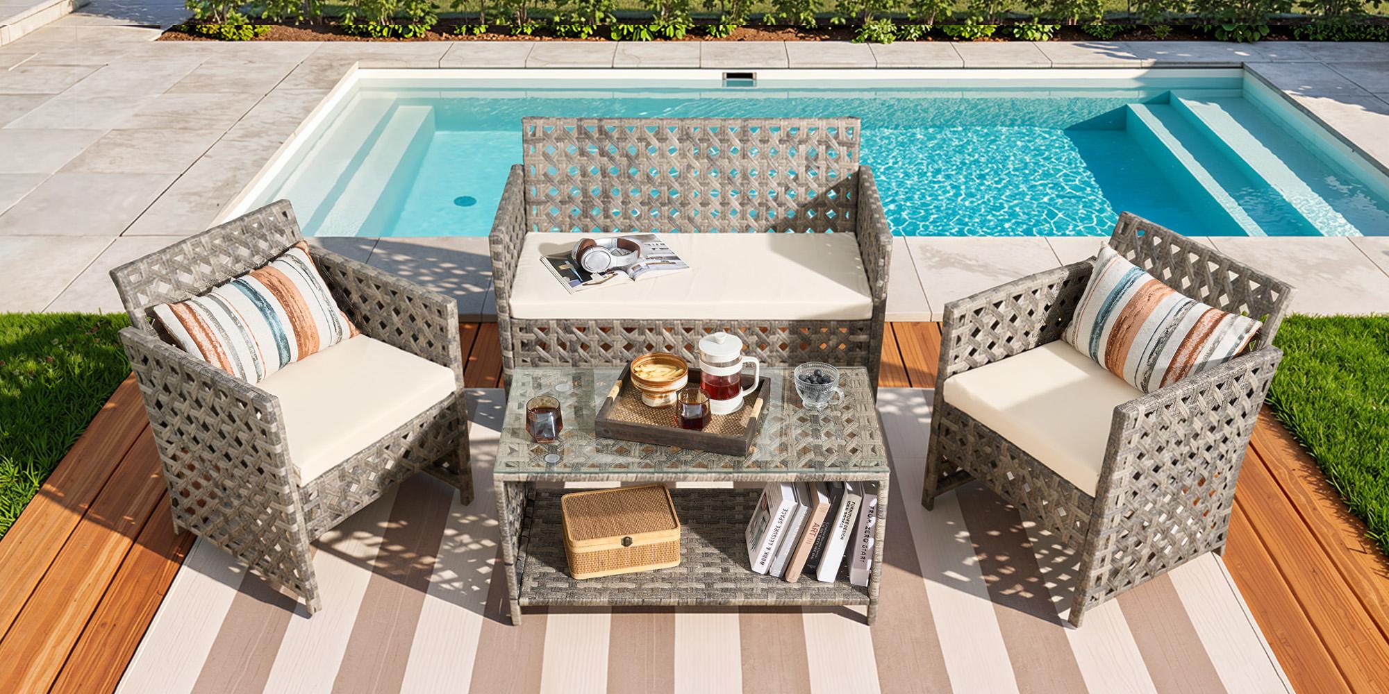 4-Piece Patio Conversation Sofa Set–Outdoor Sectional Wicker Furniture with Coffee Table, Perfect for Garden,Yard, Pool, High Backrest&Thicker Cushion, All-Weather Waterproof, Affordable Loveseat