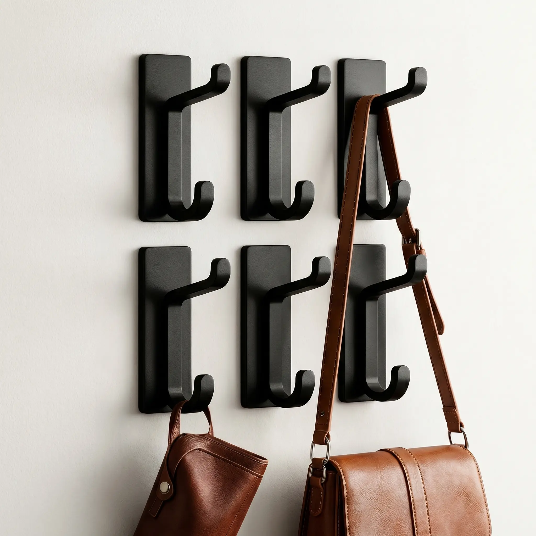 6-Pack Contemporary Self-Adhesive Wall Mount Hook Hangers, Extra Strong 13 LB Double-Hook Design for Coat, Towel, Lightweight Items - Ideal for Glass Surfaces in Bathroom, Bedroom for Apartment Decorating, Wall Hook Hanger