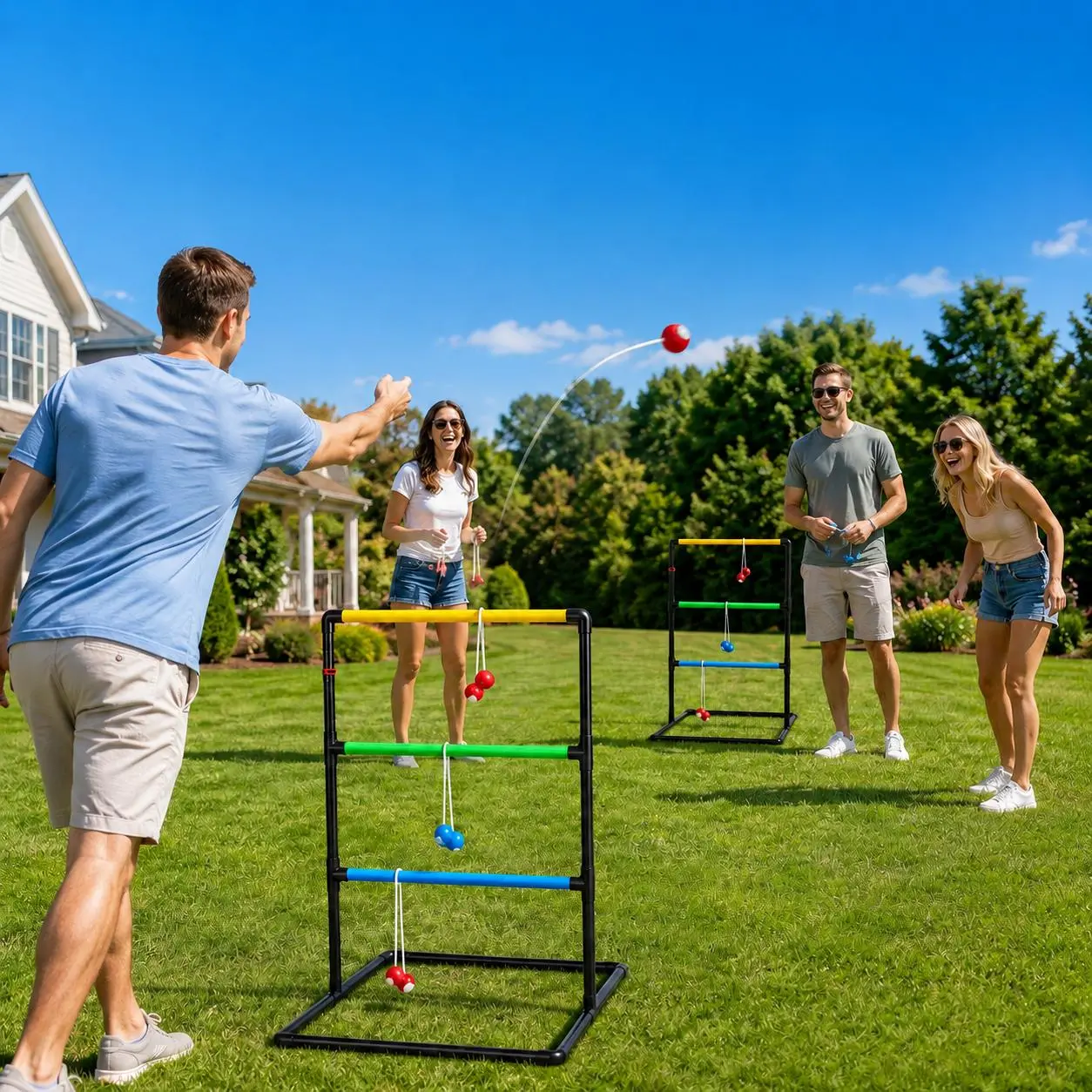 Ladder Ball Toss Game Set with 2 Ladder Frames, 6 Red & Blue Bolas, Score Tracker and Carrying Bag, Portable Outdoor Lawn Game for Adults, Kids, Backyard Parties, Tailgates, Camping, Beach and Family Fun