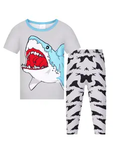 Boys' Shark Pattern Short Sleeve Long Pants Pajama Set, Casual Fitted Sleepwear, 2 Piece Home Wear, Cartoon Style, Cartoon Print Pajama
