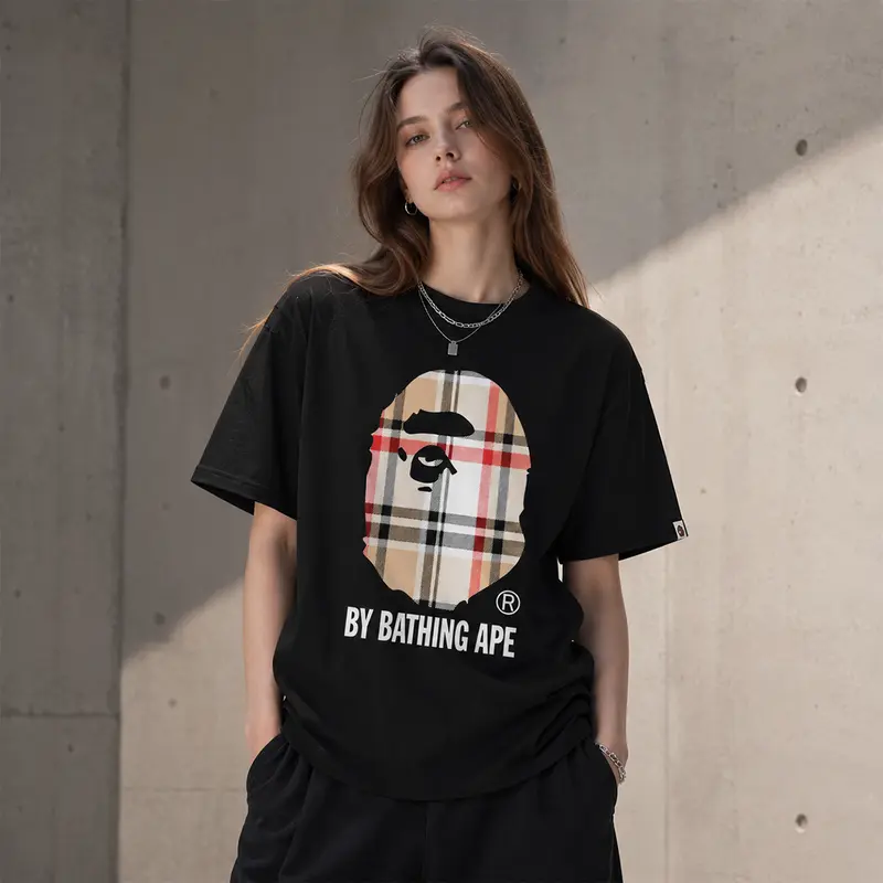 BAPE A Bathing Ape Check by Bathing Tee - Black T-Shirt with Iconic Ape Head Design and Plaid Pattern for BAPE Enthusiasts