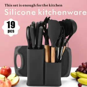 19-piece set of high-quality  kitchen utensils with wooden handles and knives - heat-resistant, non stick cooking tools and storag - the perfect kitchen tool for easy cooking and cleaning. heatresistant silicone cutlery