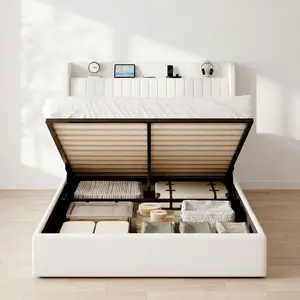 HOOMIC Full/Queen/King Size Lift Up Storage Bed Frame with Charging Station, Velvet Upholstered Platform Bed with Hydraulic Storage, Headboard with USB & Type-C Ports, No Box Spring Needed, Black/White/Grey/Cream White