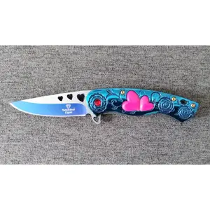 Beautiful Spring Assist Folding Knife Metallic Blue Color Love Theme Simulated Jewel Custom Pocket Clip