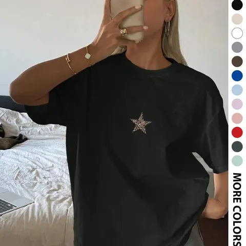 Vintage Leopard Print Star Graphic T-Shirt, Retro Minimalist Oversized Crew Neck Tee, Women's Short Sleeve Streetwear Cotton Top, Trendy Y2K Aesthetic Shirt for Casual Outfit, Streetwear Lovers and Fashion Enthusiasts