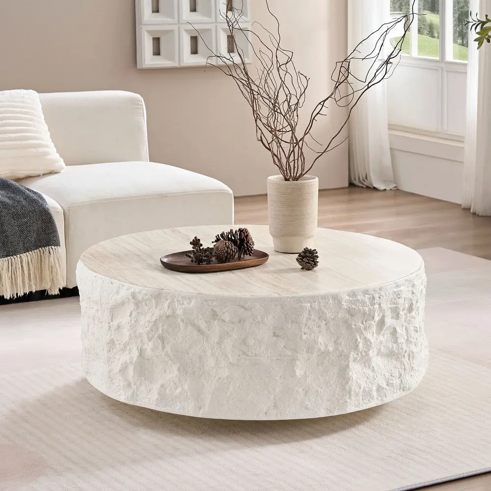 35.43in Fiberglass Round Center Coffee Table - Sturdy Body, Vintage Stone Texture Design, No-Assembly Indoor Living Room Furniture for Home Decor