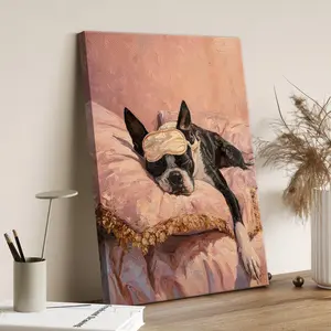 Funny Dog Wall Art Pink Animal Boston Terrier Sleep Poster Cute Dog Lover Gifts Canvas Print Vintage Wall Decor For Dorm Bedroom Kids Room Artistic