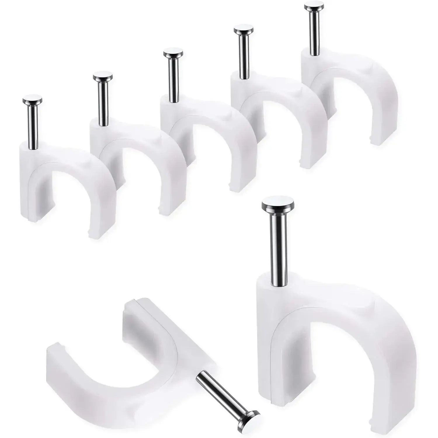Cable Clips, 100 Pcs, 10mm, Wire Wall Clips with Steel Nails, Cable Management Organizer Clips, Cable Tacks Coax Holder Clips, RG6 RG59 CAT6 RJ45 Cable Cord Clips, White