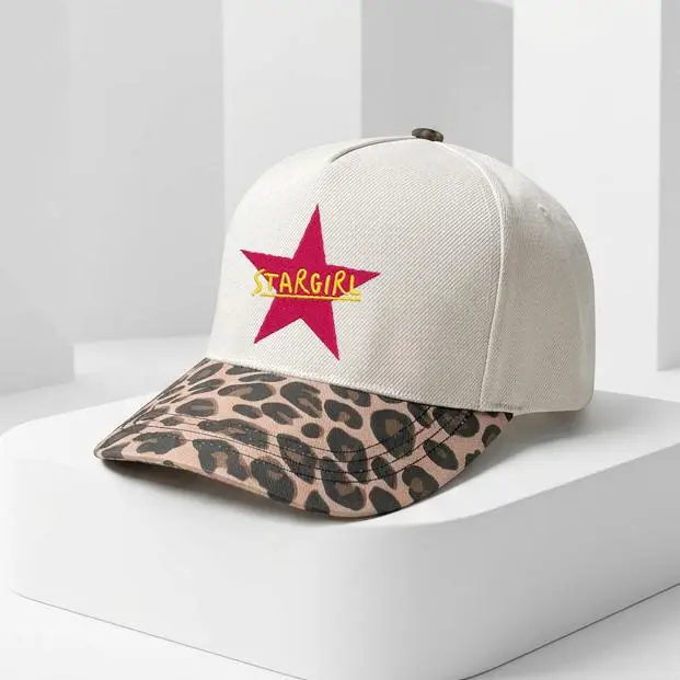 Stargirl Embroidered Trucker Hat, Pink Star Graphic Leopard Print Brim Adjustable Snapback Cap for Women