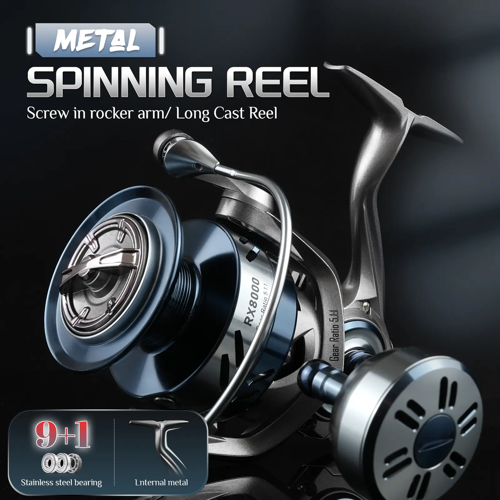Rooblinos RX Saltwater Spinning Fishing Reel, 9+1 Ball Bearings, 5.1:1 Gear Ratio, CNC Precision Machined Aluminum Spool, Sturdy Metal Crank Arm, Heavy Duty Corrosion Resistant Sea Fishing Reel, Ideal for Beginner & Professional Anglers