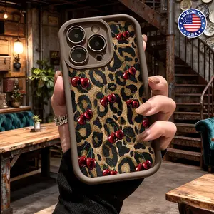 Stylish Leopard Cherry Pattern Case for iPhone 17 16 15 14 Pro Max 13 12 11 XR XS Plus Air Slim Lightweight Shockproof Anti Drop Protective Durable TPU Cover
