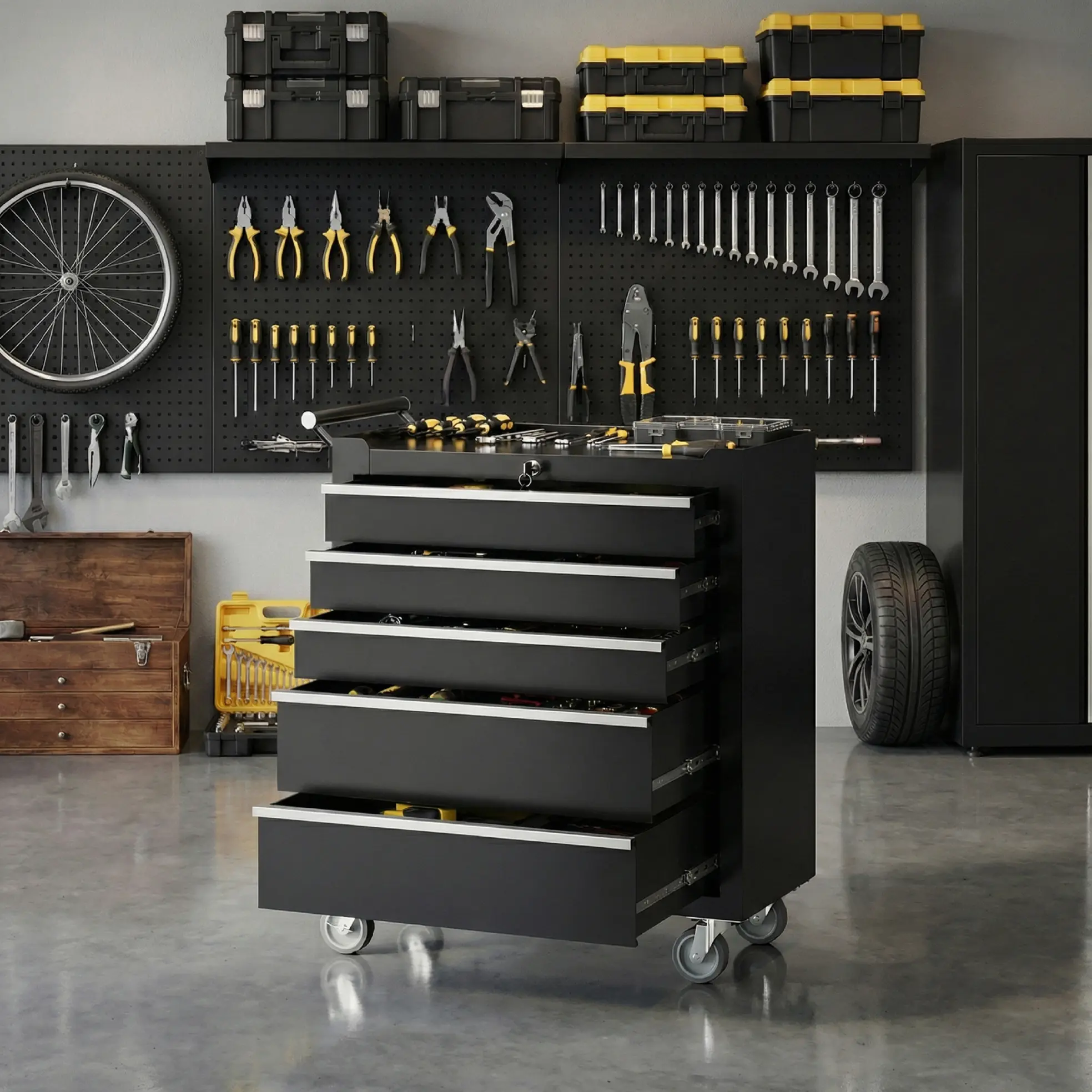 Heavy Duty 5-Drawer Rolling Steel Tool Chest - Lockable Drawers, Locking Casters, Side Handle, Anti-Slip Liners - Mobile Toolbox Cabinet for Contractors/DIY, Garage/Workshop