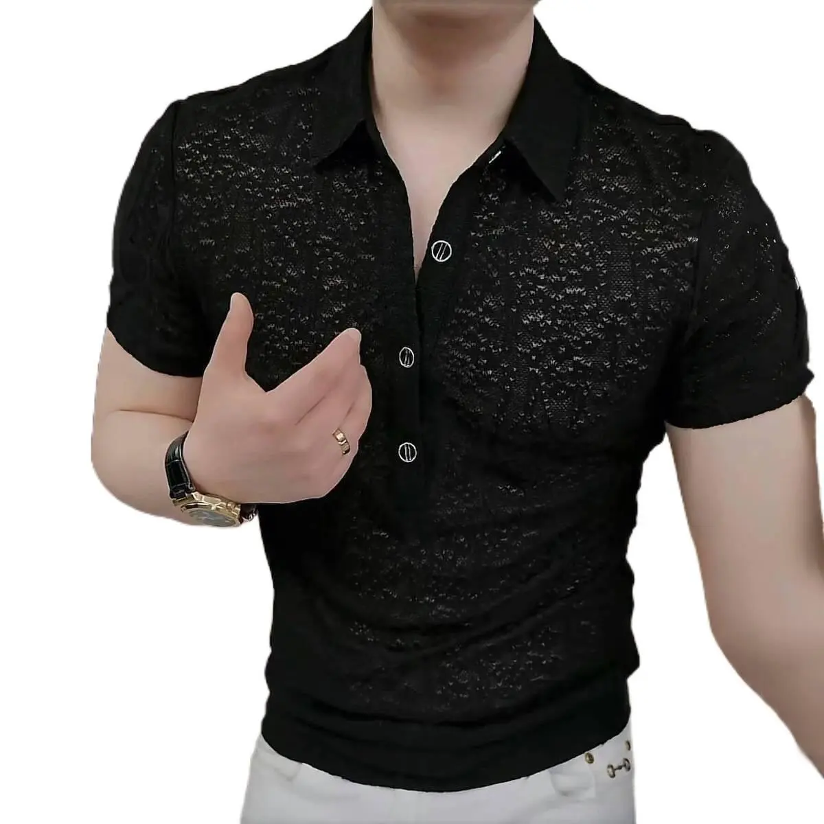 Men's 2025 Summer Slim-Fit Black Button-Down Collar Polo Shirt - Menswear Basic Short-Sleeve Plain Top, Black High Quality Smart Casual Versatile Business Wear, Smart Casual Style