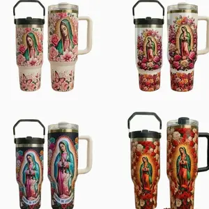 Virgin Mary Our Lady of Guadalupe Tumbler 40oz 30oz with Handle, Catholic Floral Stainless Steel Cup, Religious Gift, Insulated Hot Cold Drink Mug
