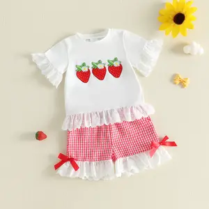 Toddler Girl Strawberry Embroidery Two-Piece Set Eyelet Lace Ruffle Top Gingham Bow Shorts 2Pcs Clothes Set