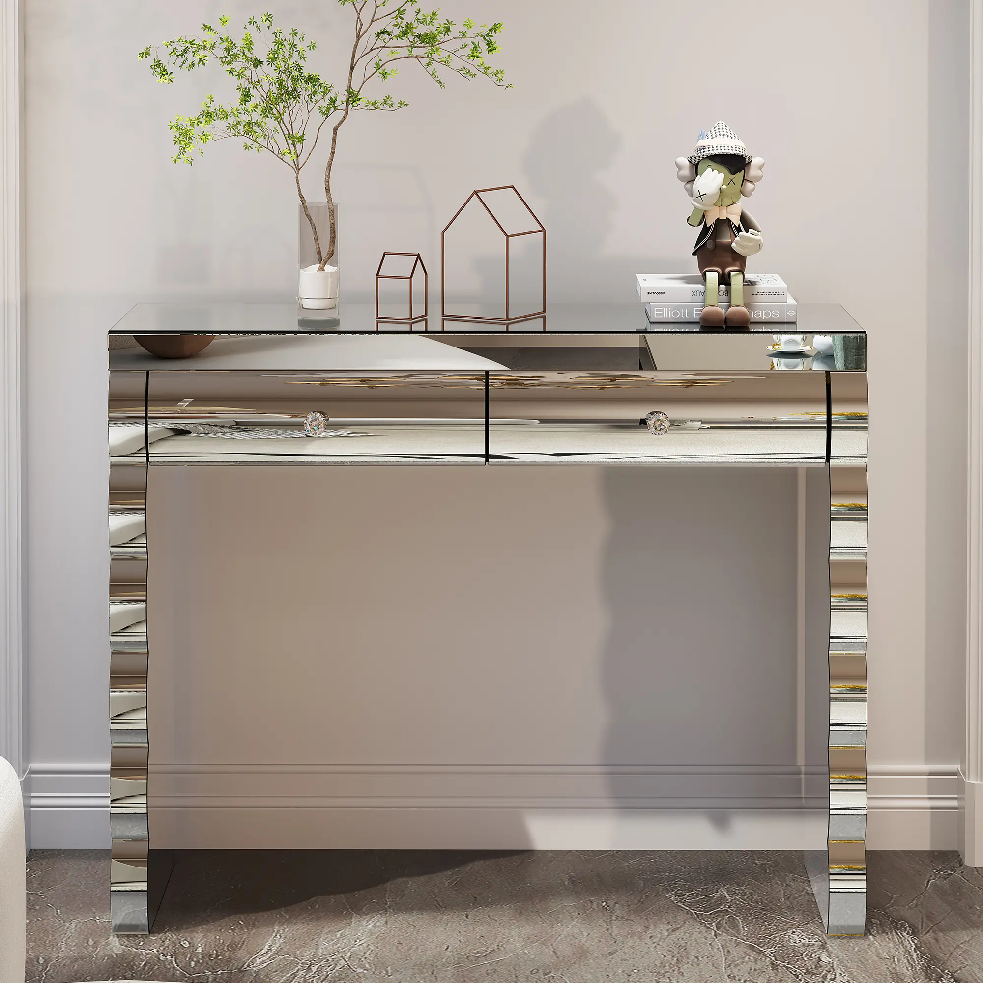 Mirror Console Table with 2 Drawers, Silver Dressing Table for Bedroom, Curved Vanity Table with Mirror, Hallway Entryway Sofa Table, Modern Makeup Desk for Living Room, Home Furniture, Living Room Table for Sofa Side, Bedroom, Office