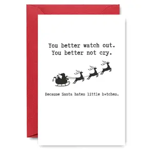 1pc Dark Humor Christmas Card "Santa Hates Little B*tches", Paper Material with Envelope, Black Silhouette of Santa's Sleigh with Edgy Message, Ironic Greeting for Close Friends