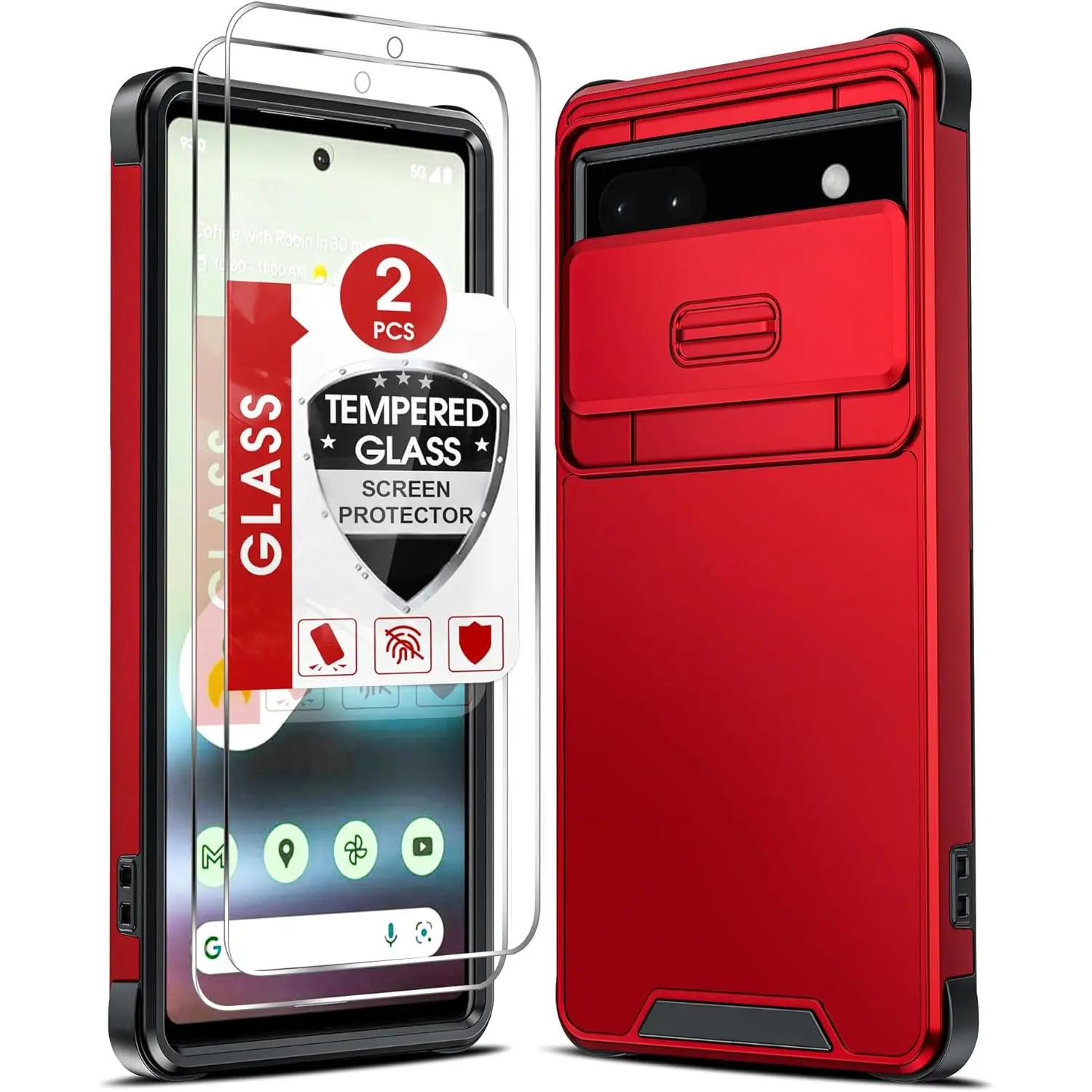 for Google Pixel 6A Case (2022): Pixel 6A Phone Case with Slide Camera Cover and 2 Pack Tempered Glass Screen Protector, Dual Layer Heavy Duty Military Grade Protective Case for Pixel 6A, Red