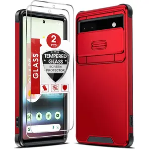 for Google Pixel 6A Case (2022): Pixel 6A Phone Case with Slide Camera Cover and 2 Pack Tempered Glass Screen Protector, Dual Layer Heavy Duty Military Grade Protective Case for Pixel 6A, Red