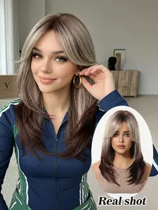 Ombre to Ash Blonde Medium Layered Wig with Bangs, Rose Net Cap, Breathable Heat Resistant Synthetic Hair, All Seasons, Synthetic Wigs
