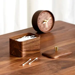 Summervibes Luxury Wooden Organizer Box Solid Walnut&Brass  Upgrade Your Vanity Aesthetic Storage for Q-Tips, Floss & Jewelry Premium Black Walnut Storage Box with Lid - Wooden Q-Tip Holder, Floss Organizer, Aesthetic Bathroom &Vanity Decor  living room,