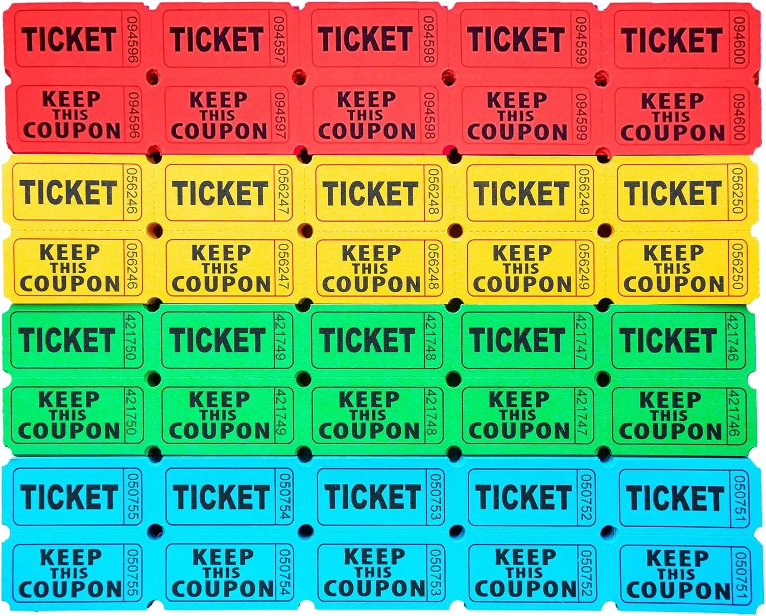 2000 Pcs 1000 Pairs Raffle Tickets, 50/50 Double Raffle Tickets, 250 Double Tickets Per Stack, for Events, Entry, Carnivals, and Door Prizes (Blue/Red/Green/Yellow)