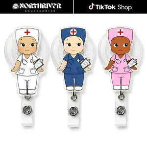 Cute Chibi Nurse Assistant Badge Reel Retractable Set Kawaii Diverse Skin Tones Clipboard Acrylic ID Card Holder For Hospital Medical Staff Gift