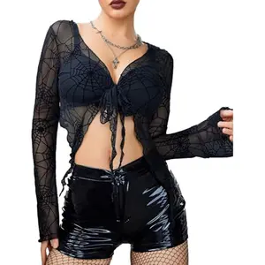 Women’s mesh crop top, Y2K tie-front shirt/top, sheer blouse, hot V-neck outfit, sizes S–XXL, long sleeves, soft and adjustable fabric; beachwear and clubwear fashion
