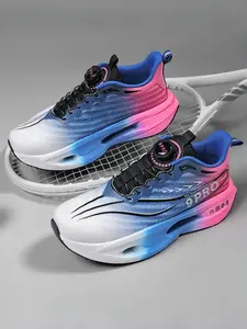 Unisex White-Blue-Pink Gradient Knob Air Cushion Mesh Running Shoes, Platform Non-slip Wear-resistant Professional Racing Sneakers, Sporty Running Shoes