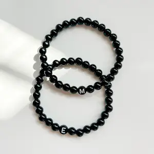 Couple Bracelet Set with Black Beads and Initials - Matching Bracelets for Couples - Perfect for Special Occasions or Daily Wear - Coordinated Jewelry for Him and Her