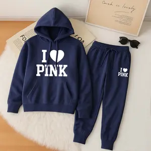 Women's I LOVE  Pink Cartoon Print Hoodie And Drawstring Track Pants Set, Casual Sportswear, Long-Sleeved Hooded Jacket And Pants, Suitable For Autumn And Winter, Everyday Wear, Indoor And Outdoor Sportswear, Casual Sportswear.