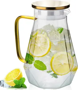 68oz Diamond-Cut Glass Pitcher with Gold Lid - Beverage Carafe for Iced Coffee, Tea, Juice & Milk | Shatterproof, Heat & Cold Resistant, Dishwasher Safe​​(Transparent)