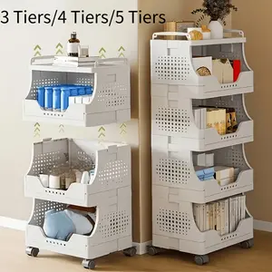 1pc Multi-Layer Foldable Storage Rack-Stackable Plastic Organizer, Space-Saving Kitchen and Laundry Cart for Kitchenware, Books, and Dirty Clothes, Laundry Room Organizer, Foldable Design, Kitchen Storage Cart, Durable Construction, Apartment Living.