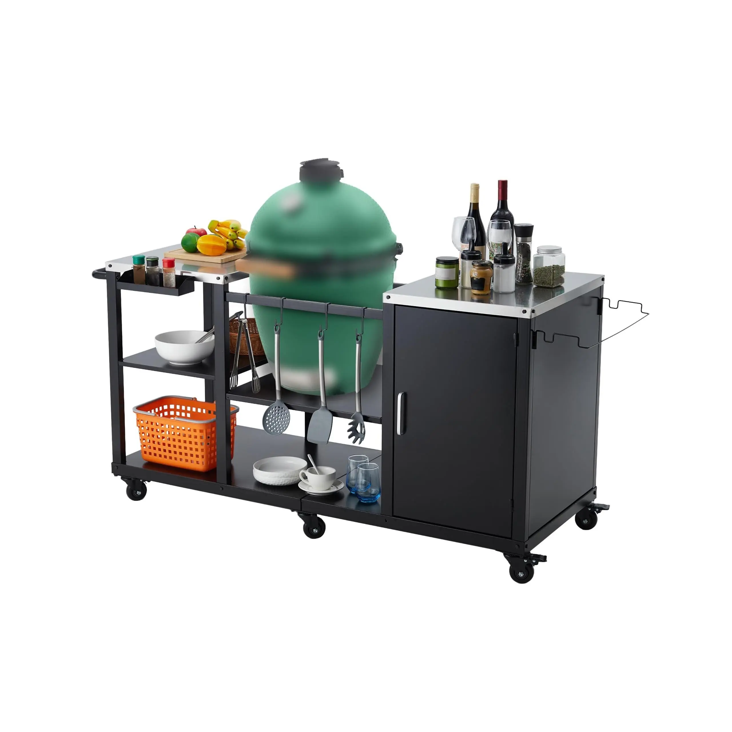 GARVEE Grill Table for Big Green Egg Style BBQ - Heavy Duty Metal Outdoor Grill Station Prep Table with Storage, Metal Grill Cart with Stainless Steel Top, Storage Cabinet, Outdoor Kitchen Island, 6 Casters
